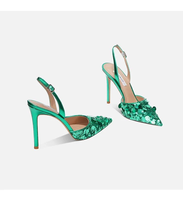 Green high-heeled shoes for women's new style, with a single button back strap, sequins, thin heel, 10cm pointed toe cap sandals