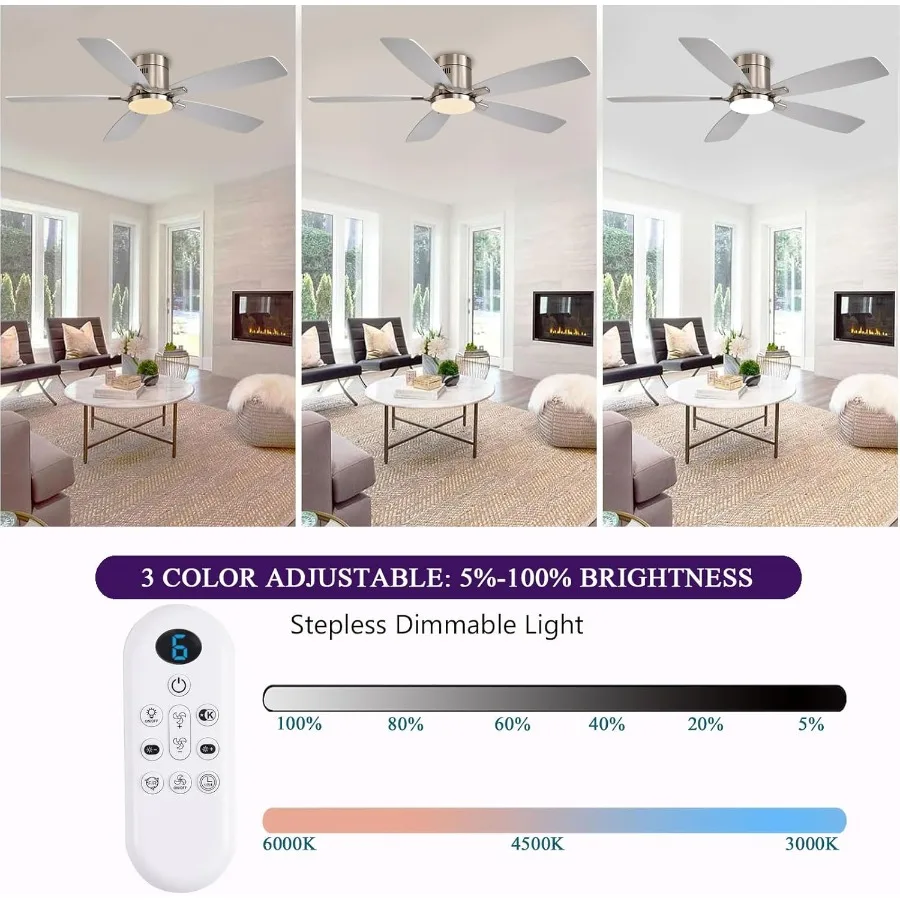 مراوح سقف 52 بوصة مع أضواء مروحة سقف مثبتة على السطح مع ضوء وجهاز تحكم عن بعد في التطبيق محرك تيار مستمر قابل للتعتيم LED بدون ضوضاء منخفضة