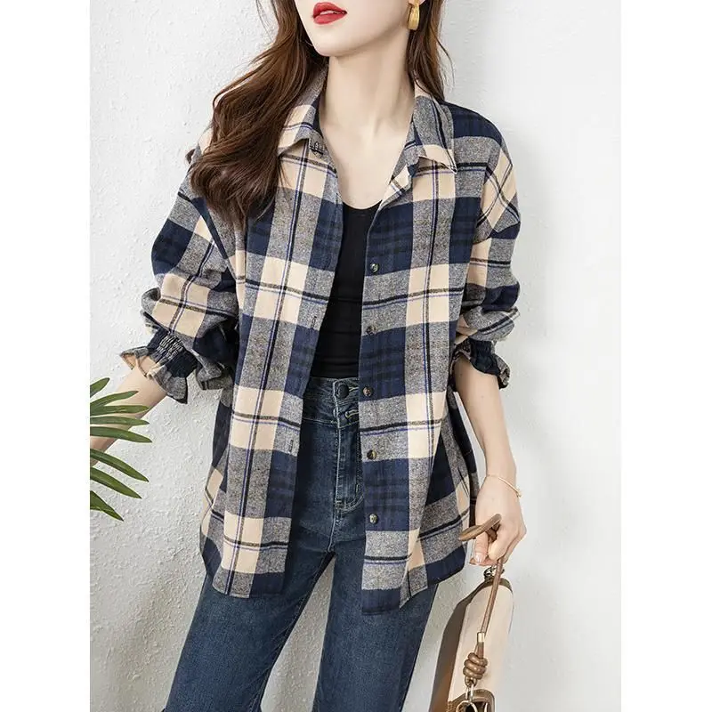 Fashion Lapel Button Long Sleeve Printed Plaid Shirts Women Clothing 2024 Autumn Winter New Loose All-match Tops Casual Blouses