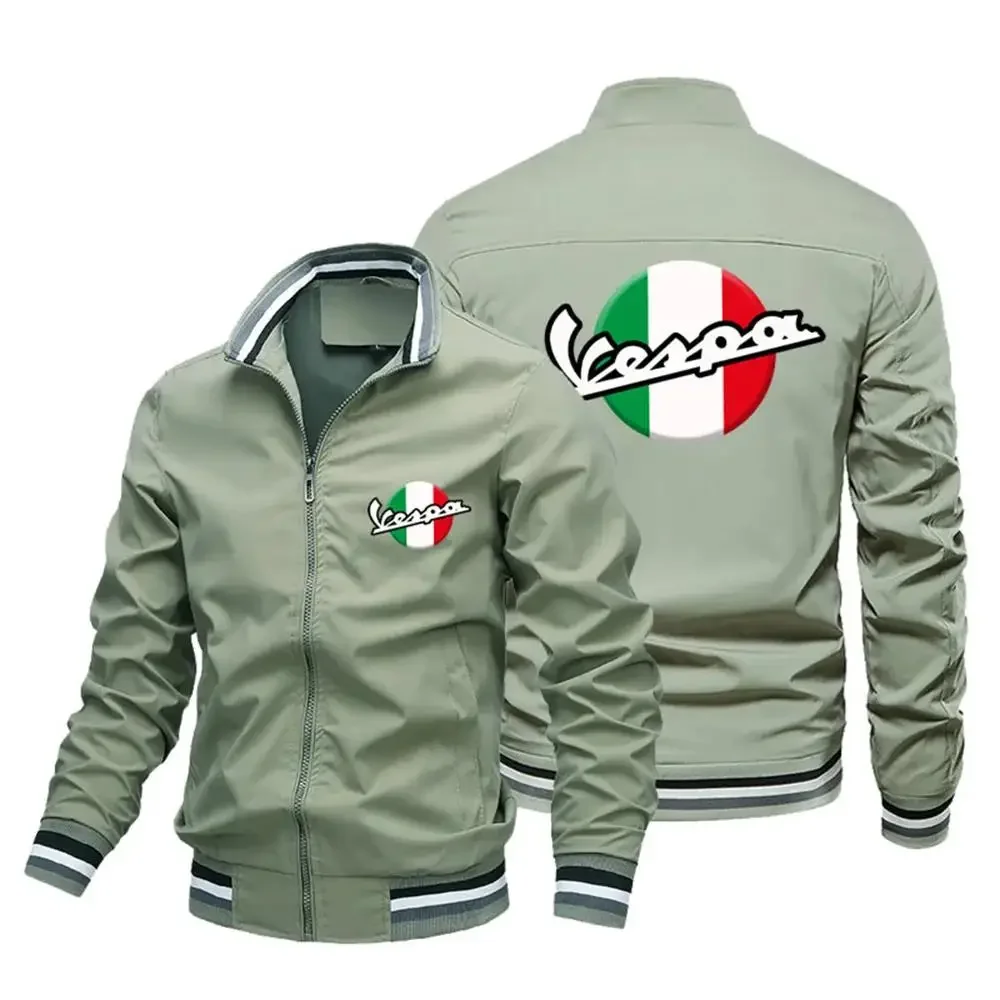 Jaket kasual pria baru 2024 jaket motif logo sepeda motor Vespa jaket anti angin kerah berdiri jaket pilot jaket anti angin