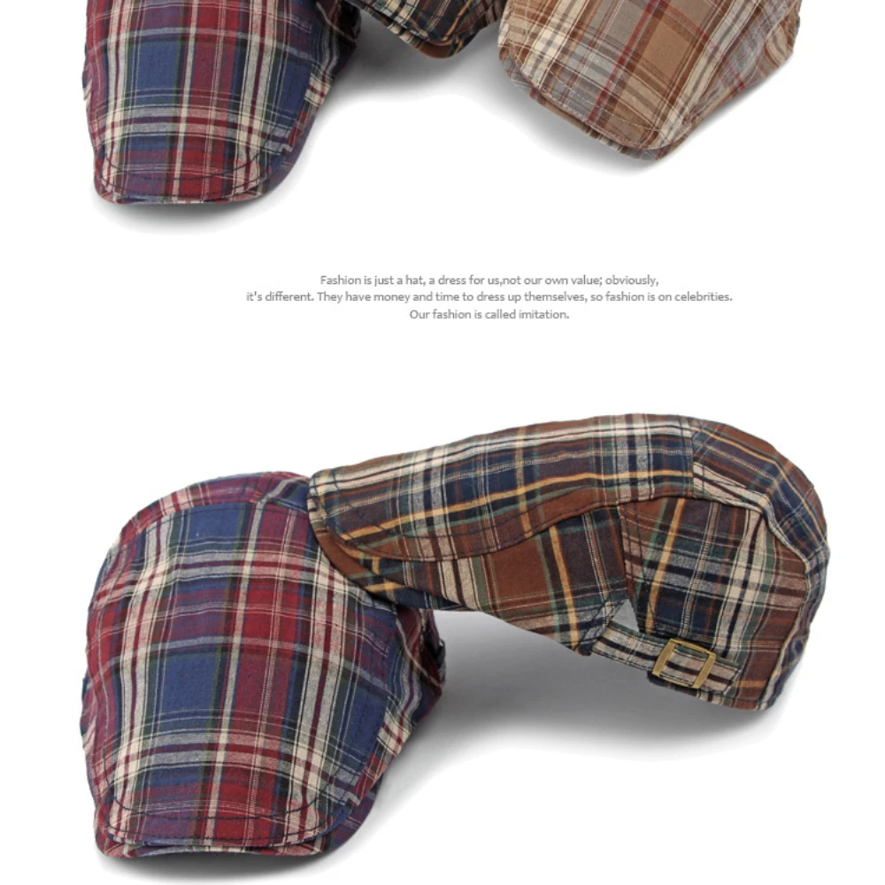 HT4376 Berets Männer Frauen Vintage Plaid Baskenmütze Männlich Weiblich Einstellbare Flache Kappe Retro Frühling Sommer Kappe Baskenmütze Hüte für Männer Frauen – Detail 4