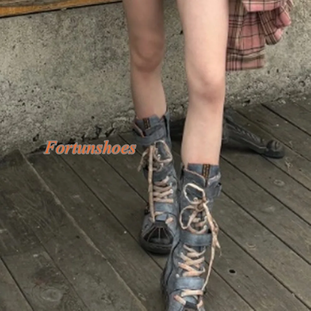 Cross Tied Patchwork Women Boots Belt Buckle Platform Mid Calf Round Toe Flat with Boots Fashion Casual 2025 Newest Autumn Boots