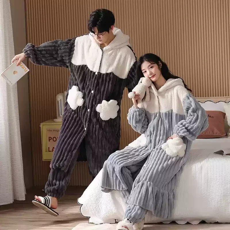 Velvet Couple Pajamas Autumn/Winter Thickened Warm Hooded Outer Wear Plus Size Casual Home Clothes Men's Pijama Suit Flannel Pjs