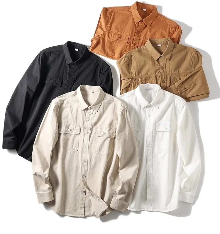 

Premium Quality Men's Long Sleeve Cotton Shirt Spring 2023 Loose Fit Pure Color Workwear Pocket Design Trendy Standard Fit