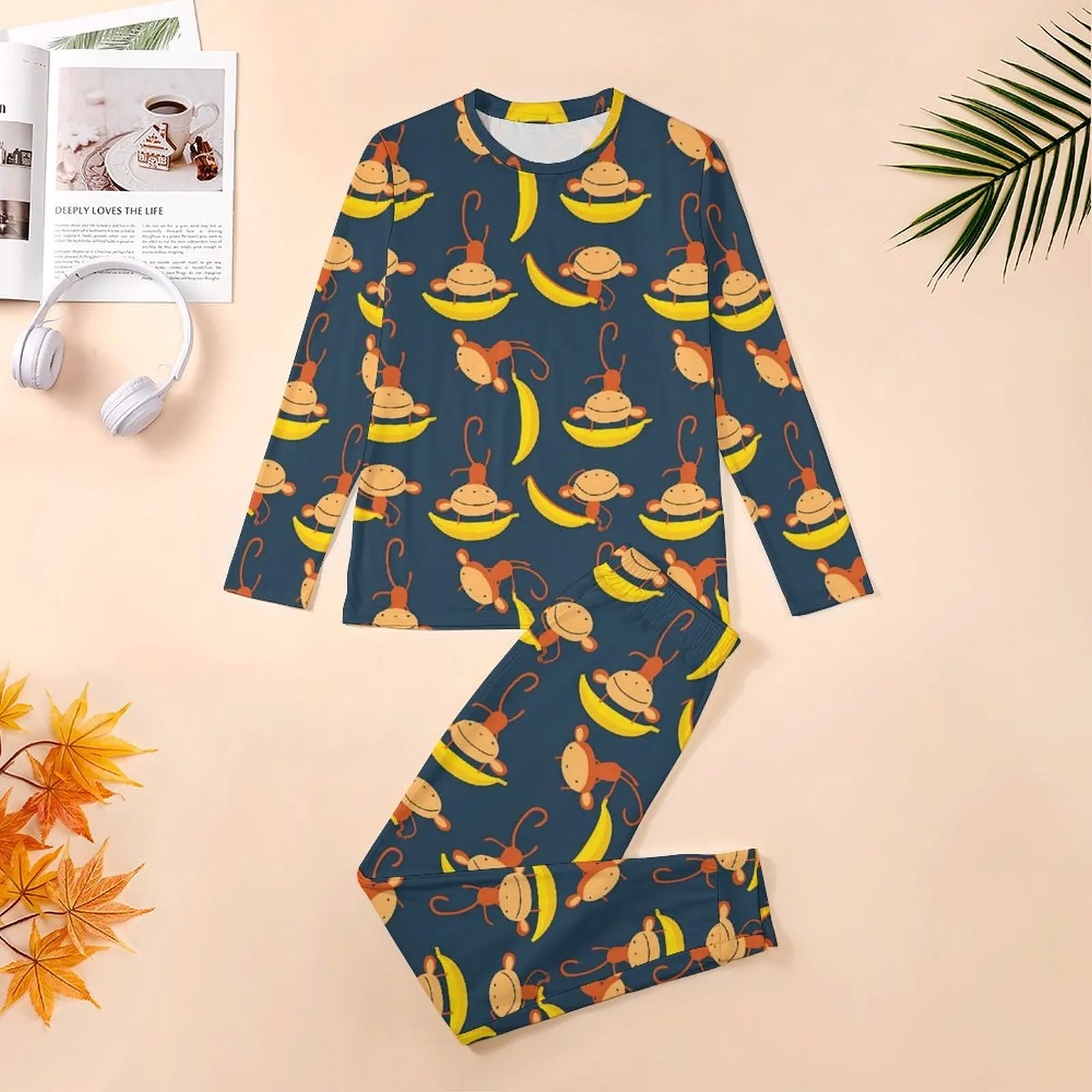 Yellow Banana Pajamas Autumn 2 Pieces Monkey Retro Pajama Sets Man Long Sleeves Sleep Graphic Nightwear Big Size 4XL 5XL