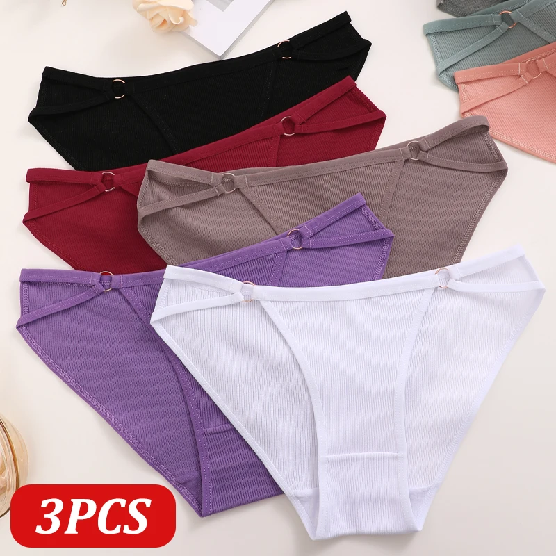 3PCS frauen Baumwolle Runde Schnalle Seite Split Gürtel Höschen Nahtlose Einfarbig Gewinde Bequeme Unterhose Weibliche Sexy Dessous