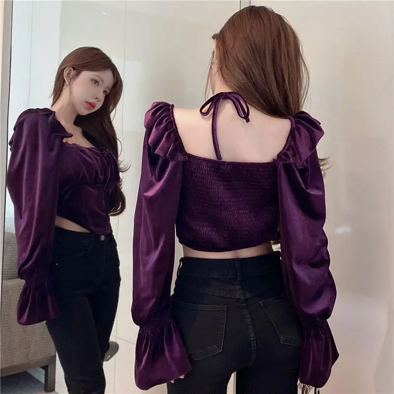 Blouses Women Autumn Slash Neck Slim Fit Hot Ladies Tender Korean Style Flare Sleeve Crop Tops All-match Folds New Chic Simple