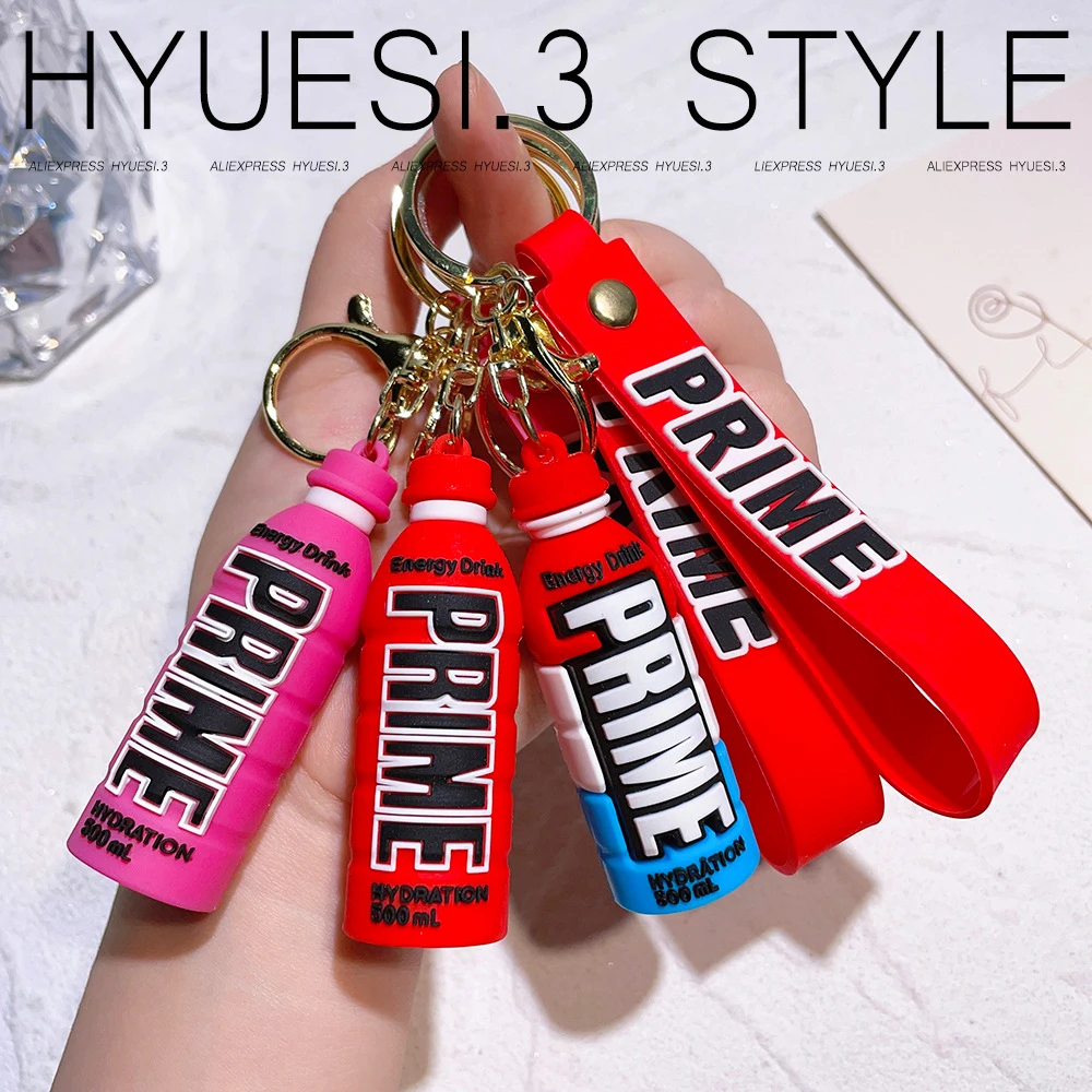 3D Prime Drink Bottles Keychains Pvc Soft Rubber Mini Beverage Charm Keyring With Wristlet Lanyard For Kids Backpack Decoration