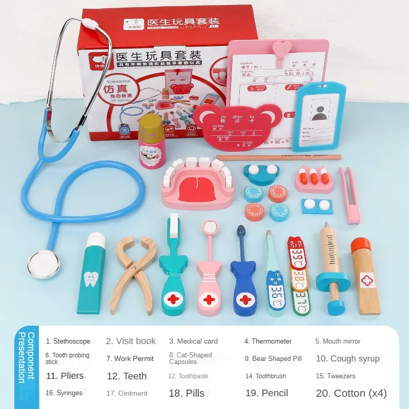 Ensemble d'outils de stéthoscope d'injection de simulation de docteur et de dentiste, éducation précoce en bois, cadeau d'anniversaire pour les enfants, jeu de simulation