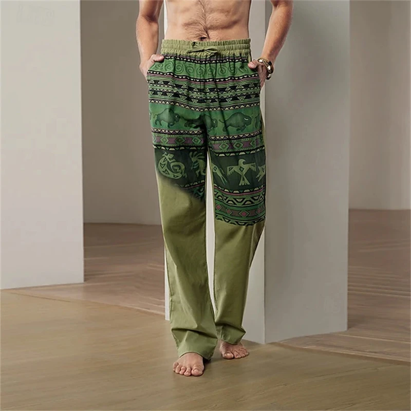 Men's Retro Casual Pants Loose Fit with Ethnic-Style Print Lightweight and Breathable Summer Travel Pants with Elastic Waistband