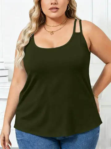 Uniform Solid Double Thin Shoulder Straps Plus Size Knit Flowy Cami, Classic Retro Style Skin-Friendly Casual All Season Tank Various Color Shades For Curvy Women Daily Date Party Wear