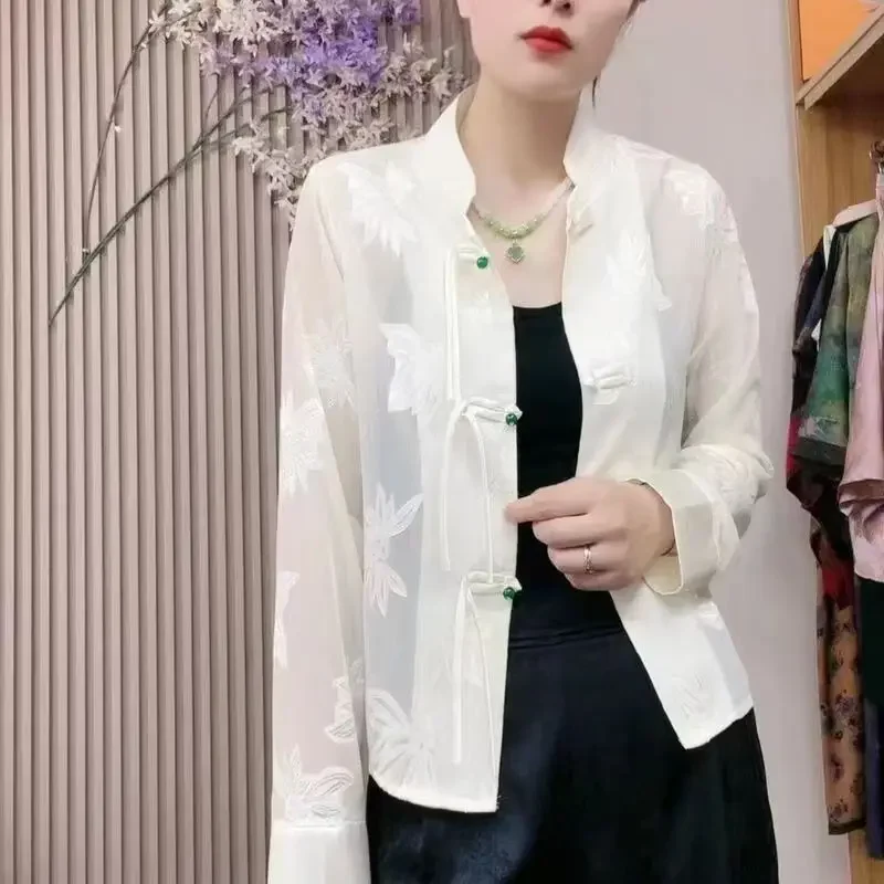 جديد الصيف النمط الصيني مشبك الوقوف طوق موضة بلون الجاكار تنوعا بأكمام طويلة النمط الصيني قميص غير رسمي