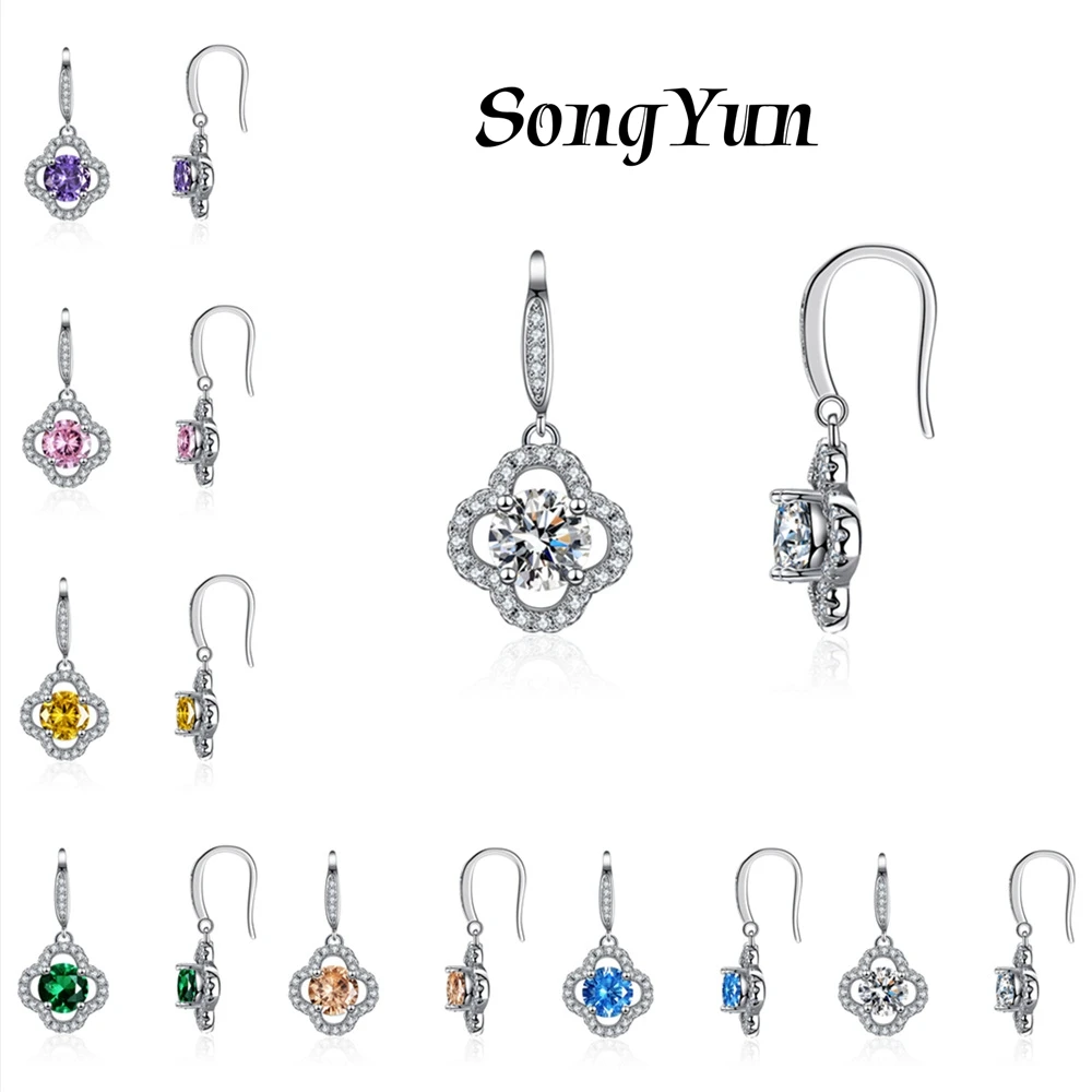 

SY Luxury Jewelry 925 Sterling Silver Earrings Drop Fashion Flower CZ Gemstones Pendant Earrings s925 Fine Jewelry