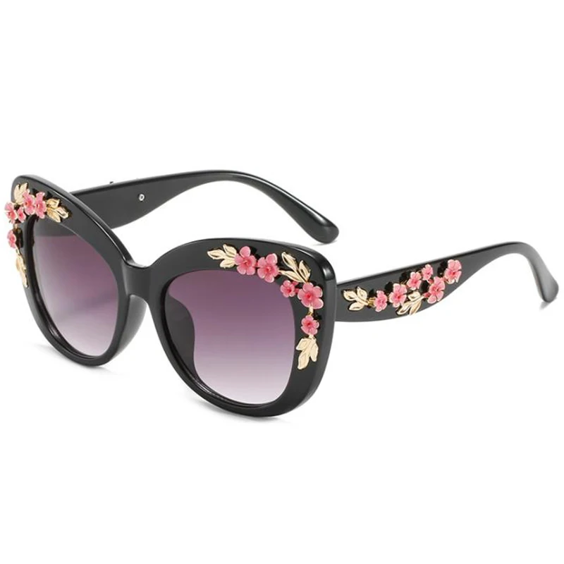 Female Flower Decoration Frame Eyewear Baroque Vintage Cat Eye Sunglasses Women Luxury Designer Sun Glasses Fashion Pink Shades