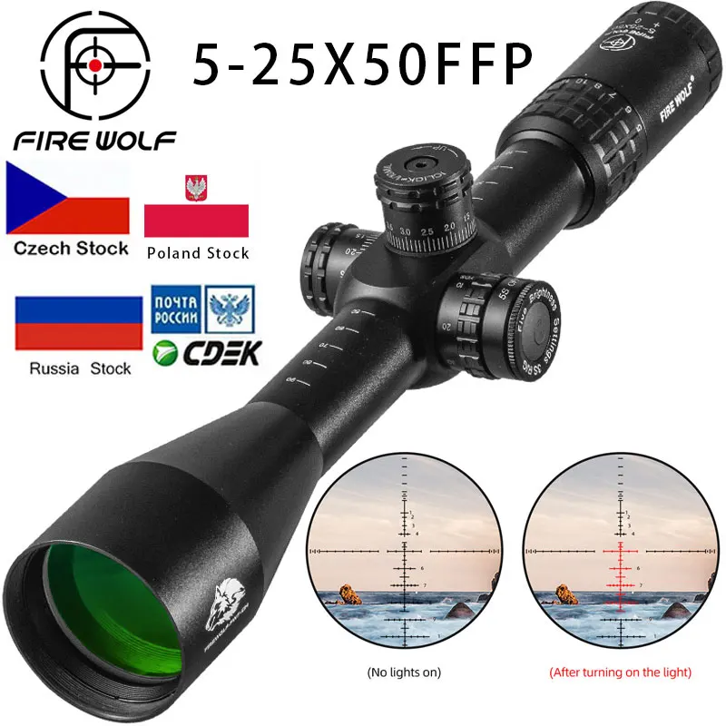 

FIRE WOLF 5-25X50 FFP Tactical Big handwheel Turrets Optical Rifle Scope Red Green Hunting Riflescope Glass Reticle Sniper sight