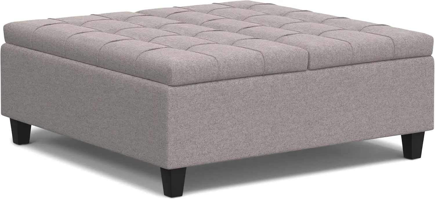 Harrison 40 inch Wide Transitional Square Large Square Coffee Table Storage Ottoman in Cloud Grey for The Living Room