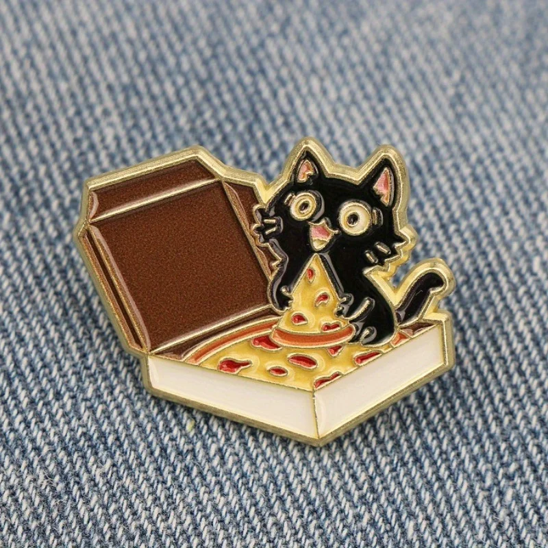 Charming Cat & Pizza Pin Brooch - Vintage Alloy Collectible Badge with Playful Kitten