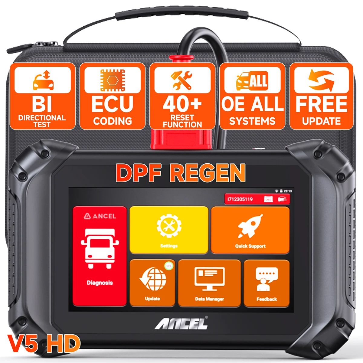 

ANCEL V5 HD Heavy Duty Truck Diagnostic Tool Bluetooth OBD2 All System Oil D-P-F Regen ECU Reset Diesel Truck Scanner PK X7 HD