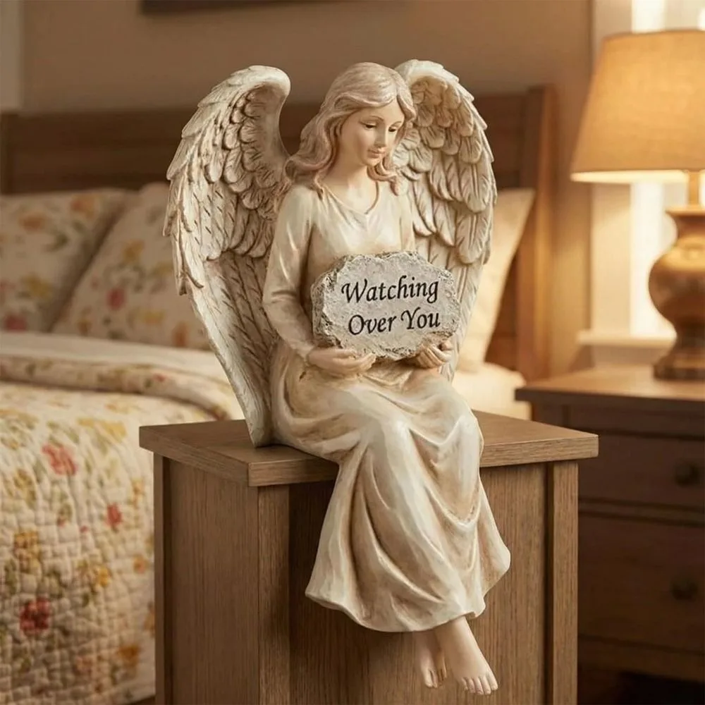 Watching Over You Plaque Guardian Angel Shelf Sitter Resin Desk Companion Sitting Angel Figurine Sympathy Gift Hand-Painted