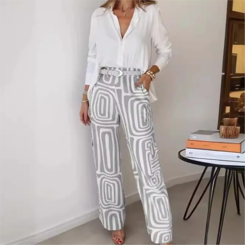 Casual Women\'s Suit 2024 Spring And Autumn New Commuter Print Elegant Temperament Shirt Loose Pants Two-piece Set