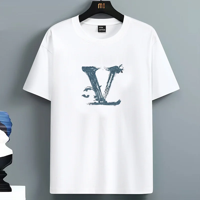 

2025 Summer Men's 100_ Pure Cotton Casual Loose Plus Size Letter V Printed Sports Comfortable Round Neck Short Sleeved T-shirt