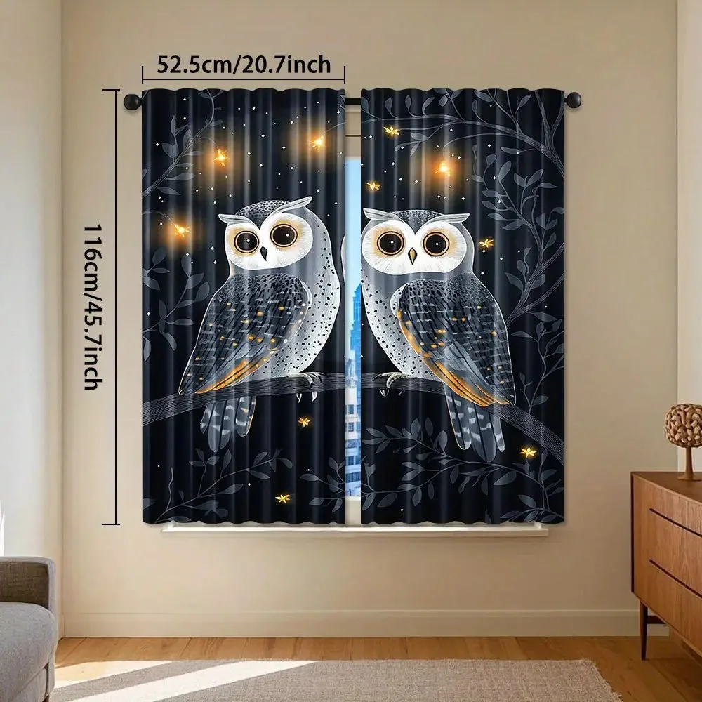 Cute Owl Pair Nursery Curtains Black Background Starry Night Window Drapes for Kids Room Decor