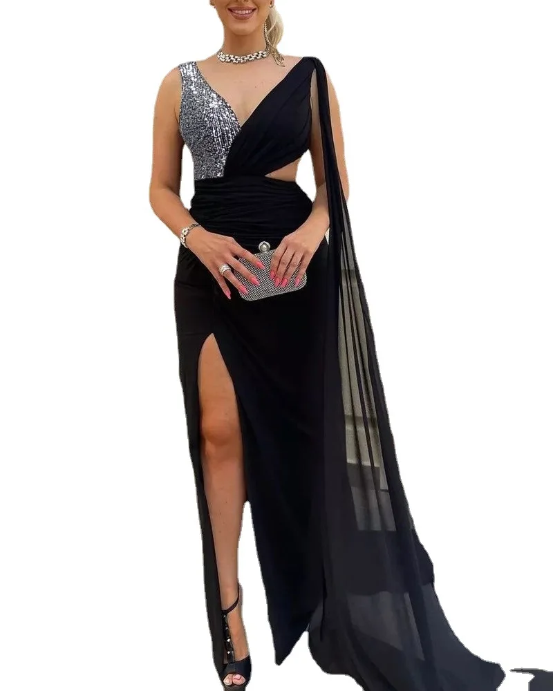 New Personalized Fashion Fashion Dress Sequin Split Plus Sexy Off Shoulder Deep V Party Dress Bridesmaid Guest Dress