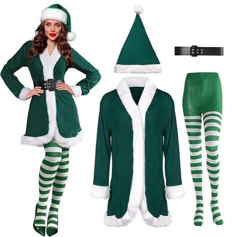 

2025 Рождественский женский костюм Санта-Клауса для косплея, зеленый женский Санта-Клаус со шляпой, рождественский полный комплект костюмов для взрослых, рождественский подарок для девочек