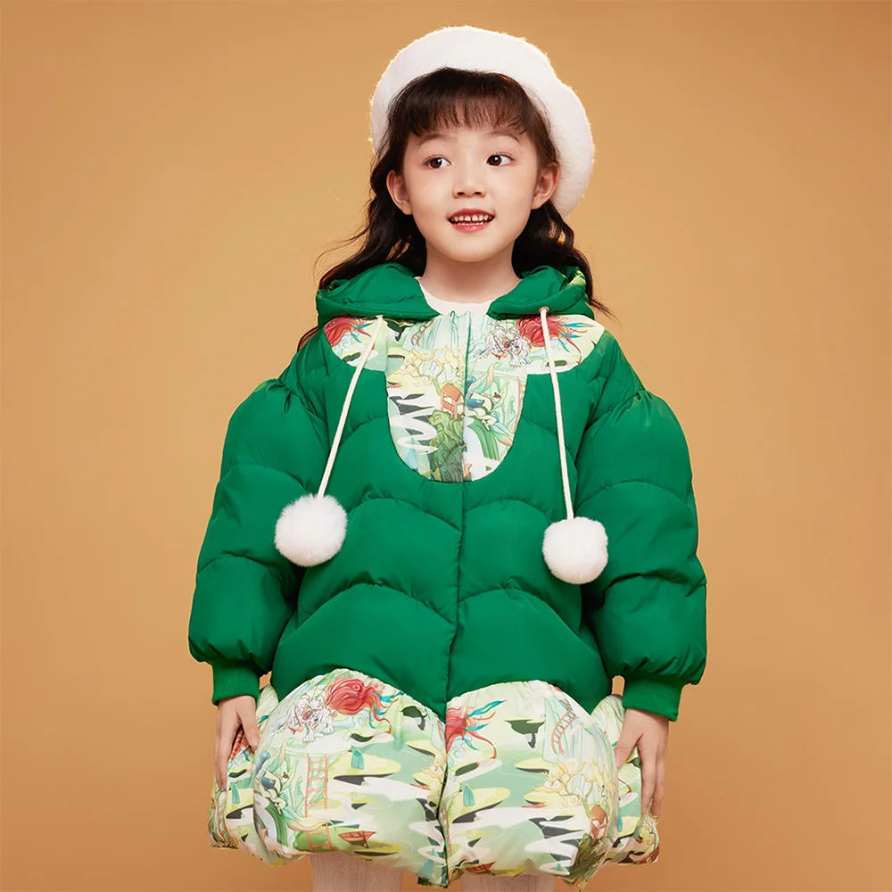 

90% Goose Down Baby Toddler Girls Clothing 2022 Winter Warm Coat Green Graffiti Thick Parka 100CM 150CM 3T 9Y Kids Outerwear