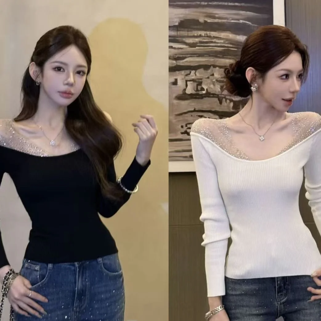 Heavyweight Rhinestone One-Shoulder Long Sleeve T-Shirt Women's Autumn Winter Slim Fit Inner Wear Super Beautiful Black Top view 5