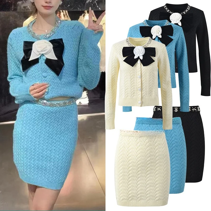 

Высококачественный европейский Sle, осенне-зимний дизайн, ретро-голубая атласная лента с узлом, вязаный открытый кардиган с запахом, тело или...