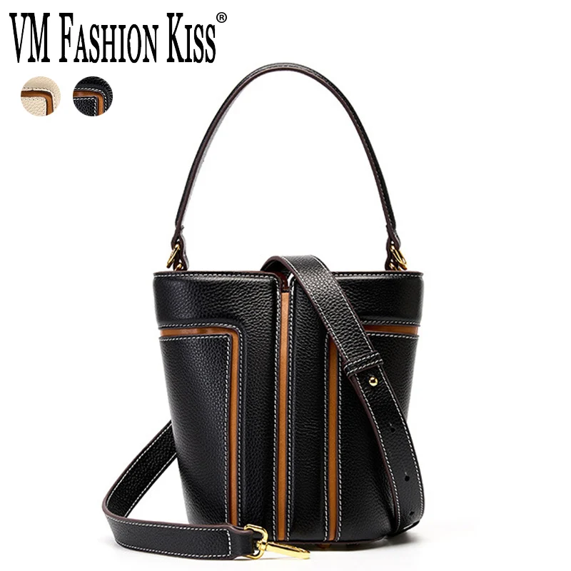 VM FASHION KISS Genuine Leather Women Bucket Bag 2023 Trend Women Shoulder Bag Luxury Design Handbag High Quality Messenger Bags