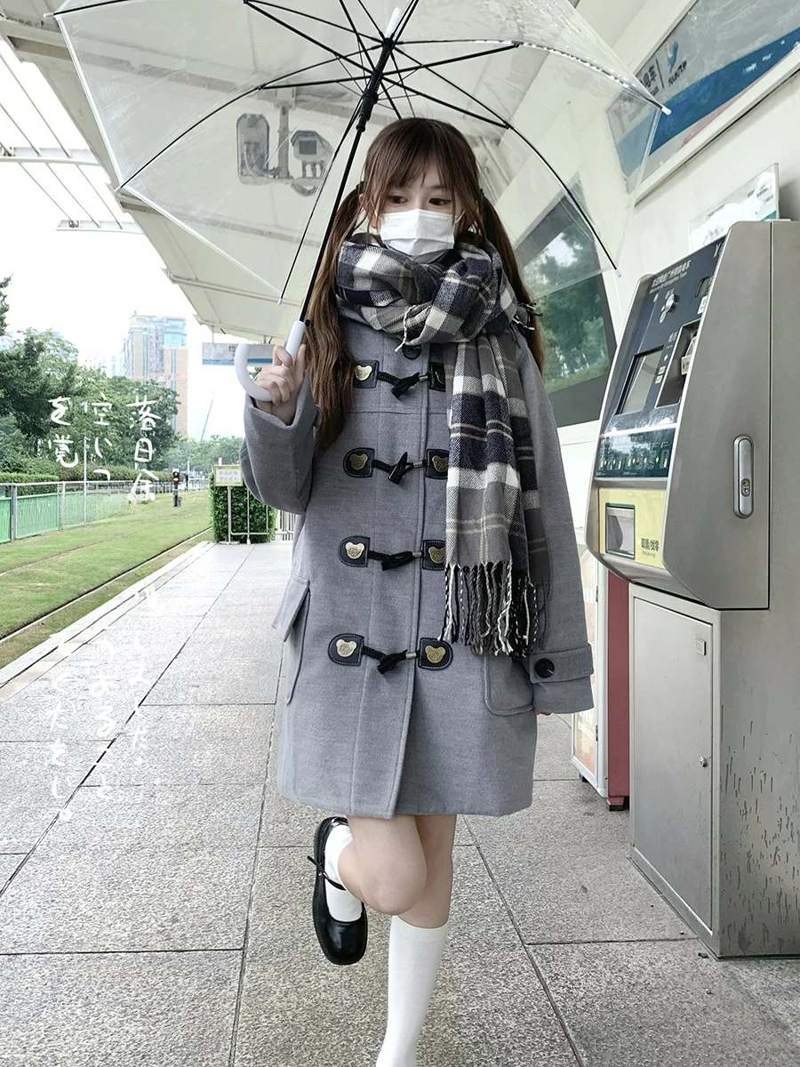 

Moka Autumn JK Bear Plaid Midi Coat Japanese School Sle Buttoned Small Size Woolen Outerwear Women New Sle Straight Tube ...