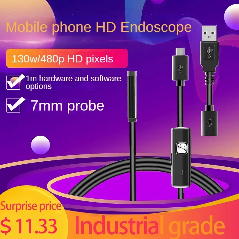 USB HD mobile phone endoscope 7mm lens industrial peephole pipe IP67 waterproof camera 130W/480P auto repair endoscope