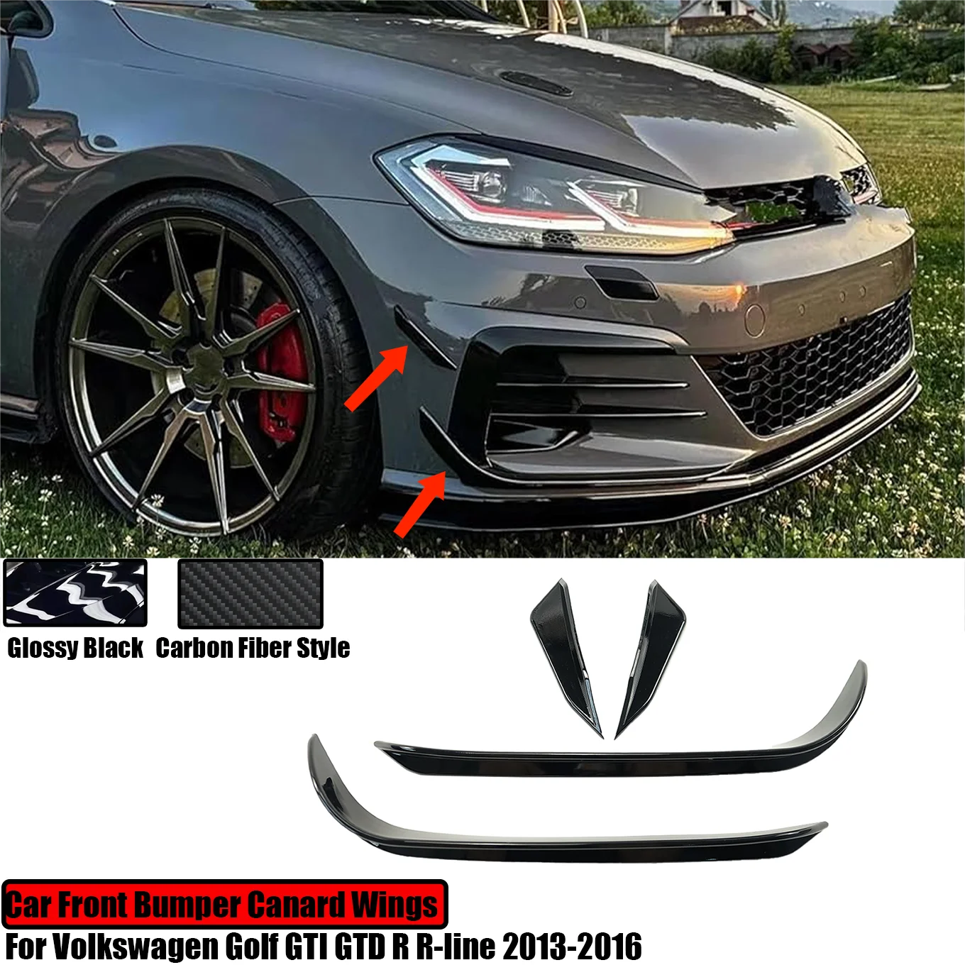 4PCS For Volkswagen Golf GTI GTD R R-line 2013-2016 Front Bumper Aero Kit Canard Wings Carbon Fiber Style Glossy Black