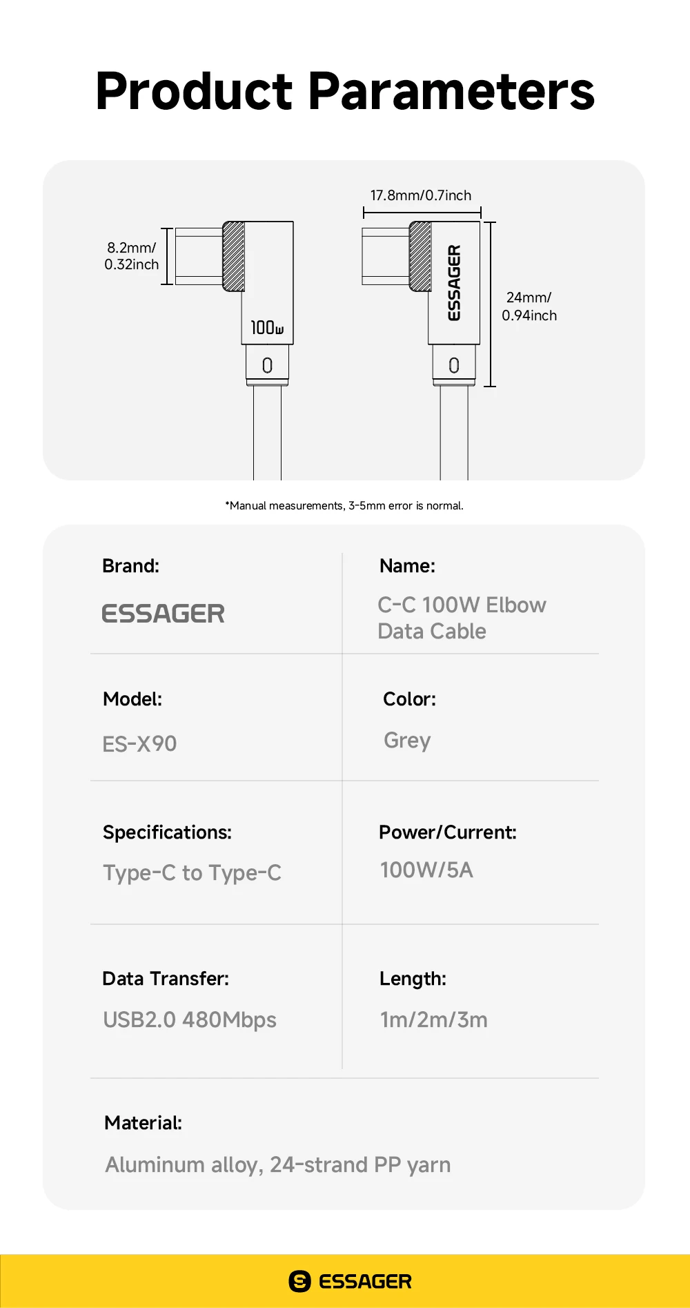 Essager Elbow PD100W USB C to USB C Charging Cable for iPhone 17 16 15 Pro Samsung MacBook iPad Type C Fast Charging Data Cord
