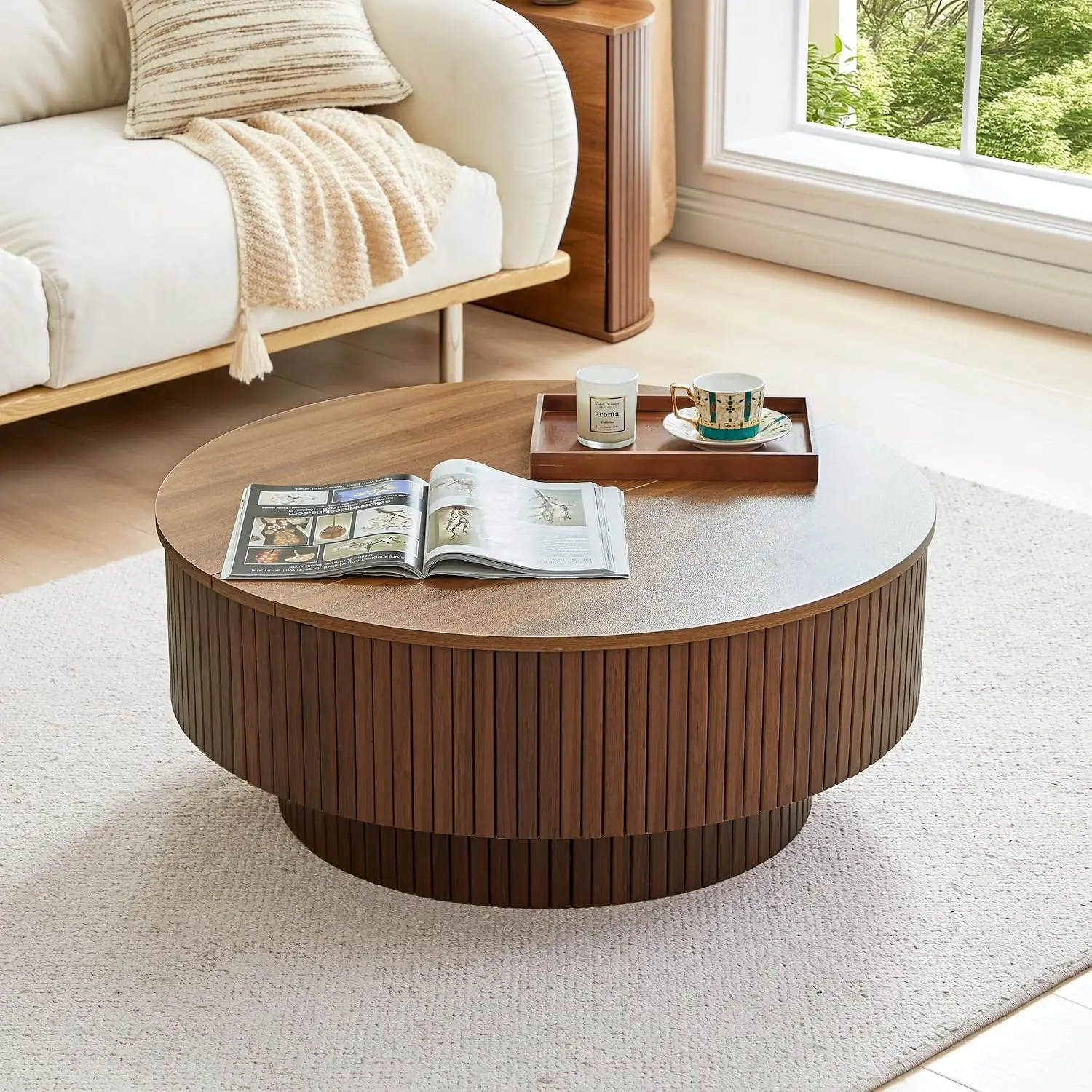 33 Inch Round Coffee Table With Lift Top And Flip Top Storage, Modern Accent Fluted Coffee Tables With Metal Frame, Wooden Circle Center Table For Living Room Small Space Apartment Office, Walnut