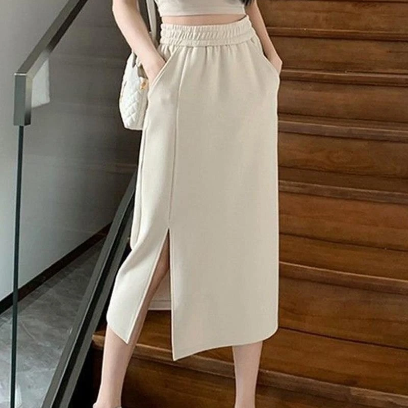 تنورة أنيقة مقسمة لربيع وصيف 2024، تنورة مرنة عالية الخصر طويلة على شكل حرف A للسيدات #2