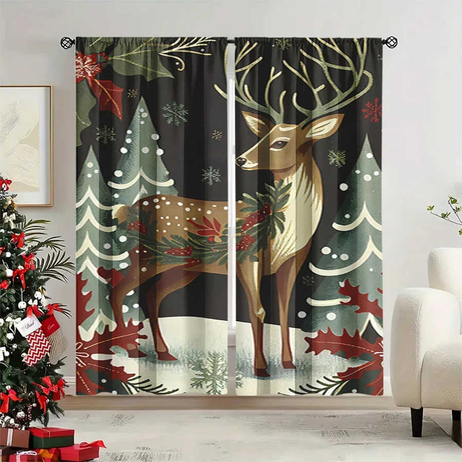 2PCS Christmas Winter Curtains, Vintage Deer Pine Wreath Tree Snow Black, Digital Print, Bedroom Living Room, Home Decor