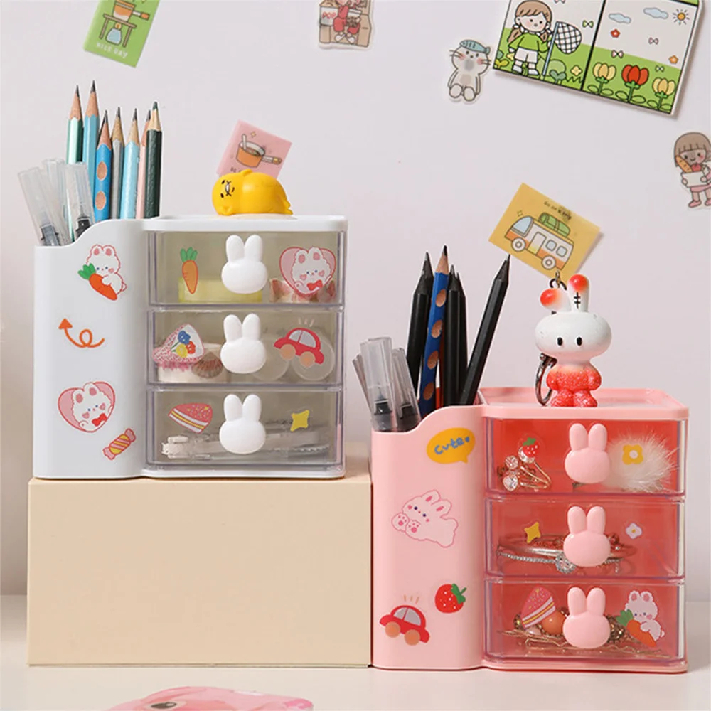 Imagem -04 - Cute Rabbit Desktop Organizer Gavetas com Suporte de Lápis Papelaria Multifuncional Prateleira de Armazenamento para Estudante