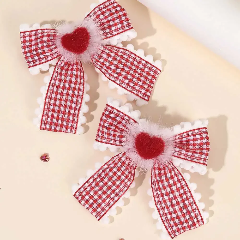 2PCS Classic Grid Bow Hair Clips For Girls Boutique Love Heart Hairpin Sweet Pompon Ball Barrettes Headwear Kids Headdress