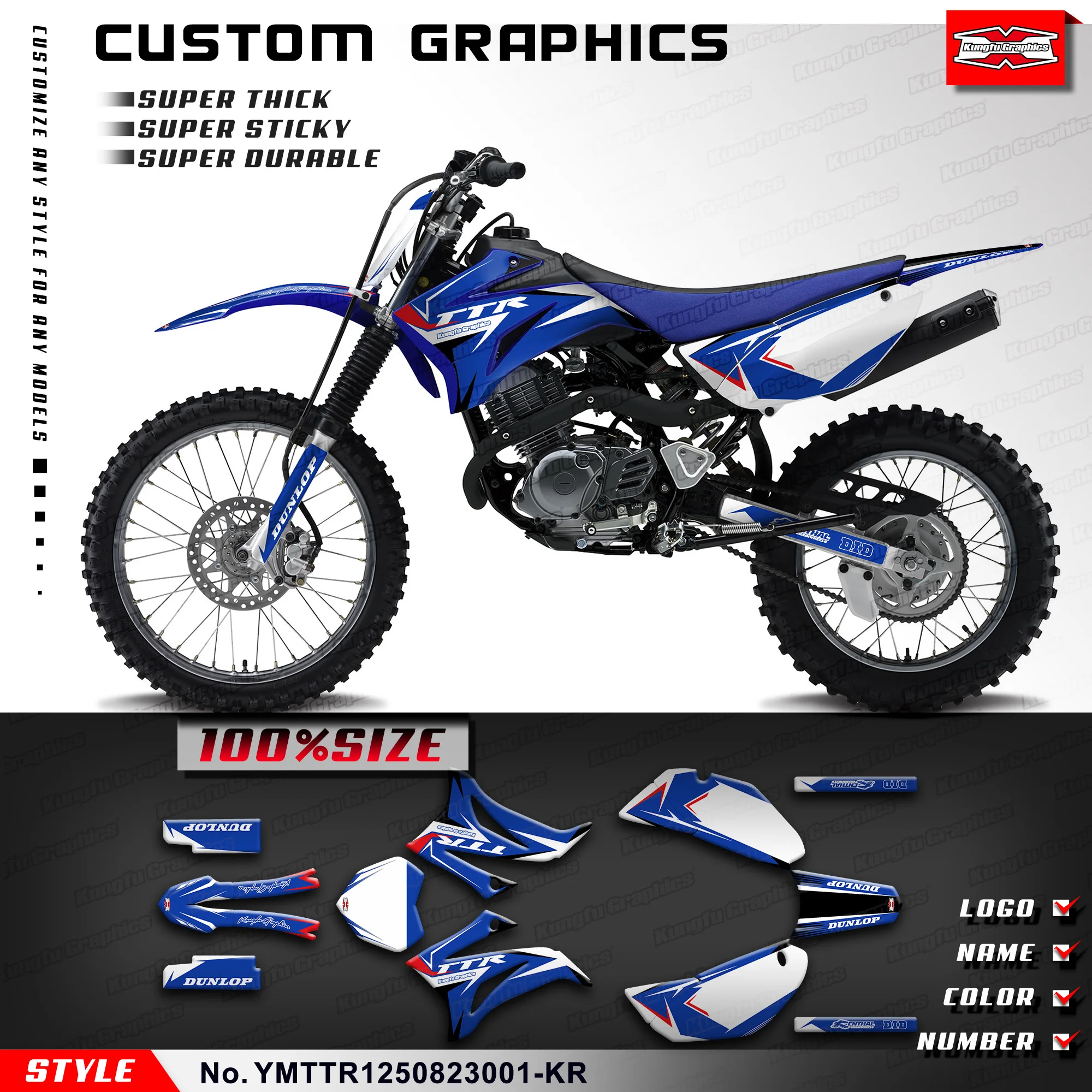 

KUNGFU GRAPHICS Dirt Bike Custom Vinyl Stickers MX Motocross Decal for Yamaha TTR 125 2008-2023, YMTTR1250823001-KR