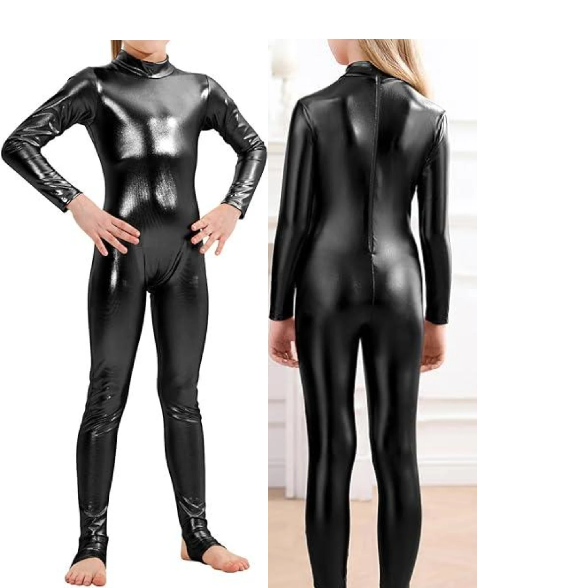 SPEERISE Ragazze Lucido Full Body Manica lunga Cerniera posteriore Dolcevita Staffa Unitard Bambini Ginnastica Danza Tute intere