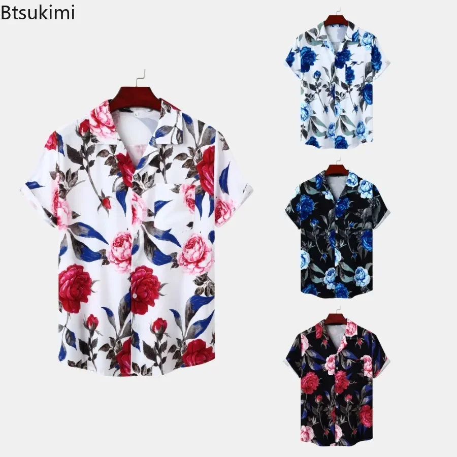 2025 New Hawaii Style Men Shirts Trend Rose Print Short Sleeve Tops Man Casual Holiday Shirts Male Beach Shirt Blouse Streetwear