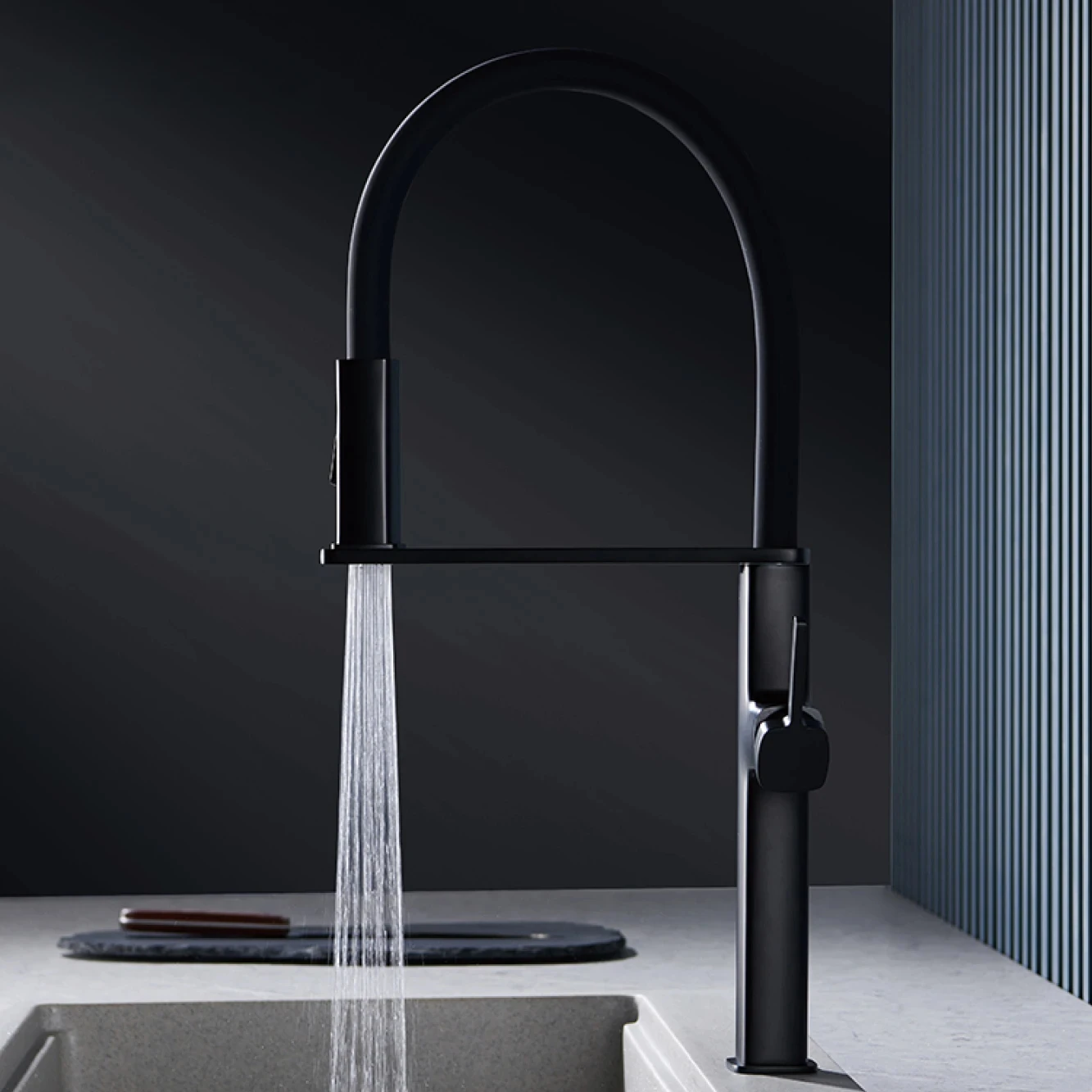 Luxury black brass kitchen faucet with simple design, magnetic suction pull-out single handle hot and cold water sink mixer