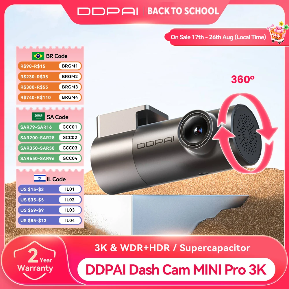 Câmera Veicular DDPAI MINI Pro 3K HDR 1620P com WiFi, Visão Noturna, WDR, Controle por Voz e Monitoramento de Estacionamento 24H 143 ° FOV