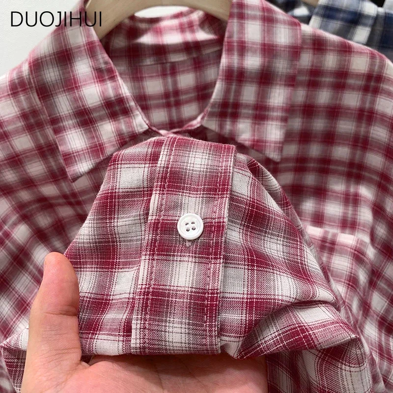 DUOJIHUI-camisa clásica Vintage a cuadros para mujer, camisa básica de manga larga, Simple, de un solo pecho, informal, con bolsillo, a la moda, de verano