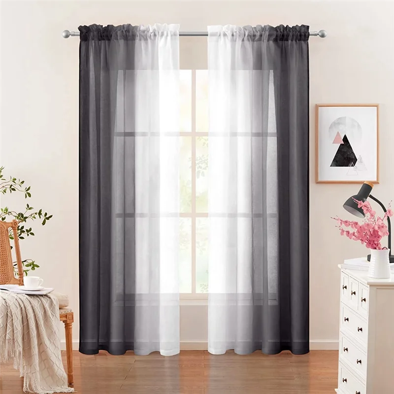 Tende trasparenti Black Shadow 52 x 96 pollici 2 pannelli Tende sfumate bianche e nere Tende in voile semitrasparente testurizzate