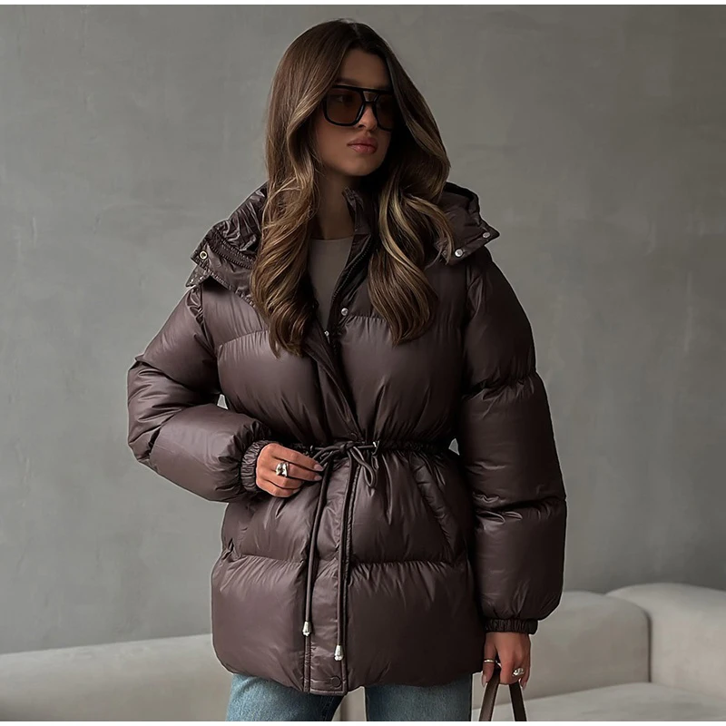 Fashion Solid Drawstring Cotton Jacket Women Chic Long Sleeve Zipper Loose Hooded Coat Winter Lady Warm Daily Street Outwear