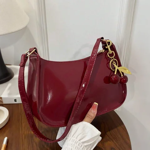 Vintage Retro Shoulder Bag for Women PU Leather Underarm Crossbody Ladies Casual Handbag Purse with Cherry Pendant